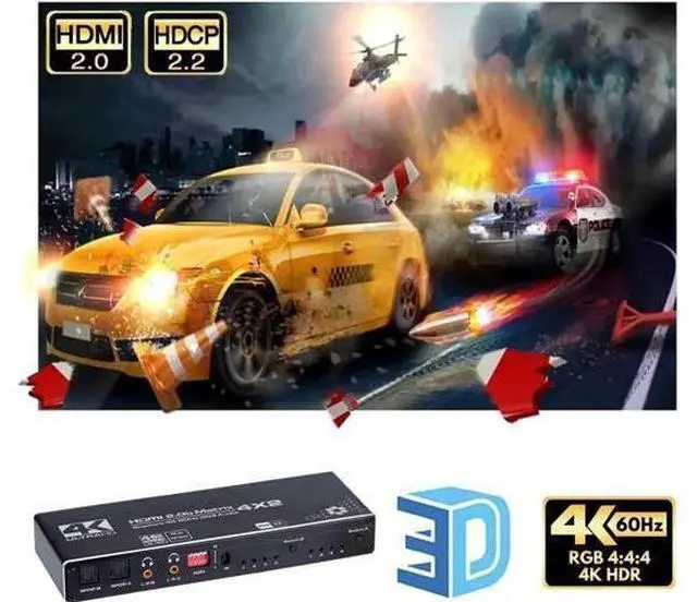 Alt view image 4 of 7 - 4x2 HDMI Matrix Switch 4 in 2 Out with IR Remote, HDMI 2.0b Matrix Splitter Box 4K@60Hz HDR, Dual SPDIF & Dual 3.5mm L/R Audio Output, Support EDID, HDCP 2.2, 3D, 1080P for HDTV Monitor Projector