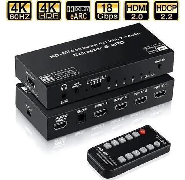 Main image of 4 in 1 Out HDMI 2.0 Switch with Audio Extractor & ARC, 4K@60Hz HDMI Switcher Support Toslink SPDIF + 3.5mm AUX Output, HDCP2.2 Auto Switch IR Remote for 4K TV Home Theater