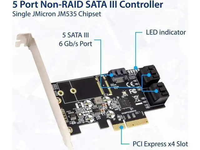 Alt view image 4 of 6 - 5 Port PCIe X4 SATA 3.0 Non-RAID Controller Card Model SI-PEX40139 with JMB585 Chipset, 6Gbps Storage Adapter for SSD & HDD, Low Profile Bracket Included
