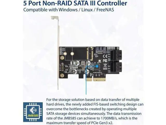Alt view image 6 of 6 - 5 Port PCIe X4 SATA 3.0 Non-RAID Controller Card Model SI-PEX40139 with JMB585 Chipset, 6Gbps Storage Adapter for SSD & HDD, Low Profile Bracket Included