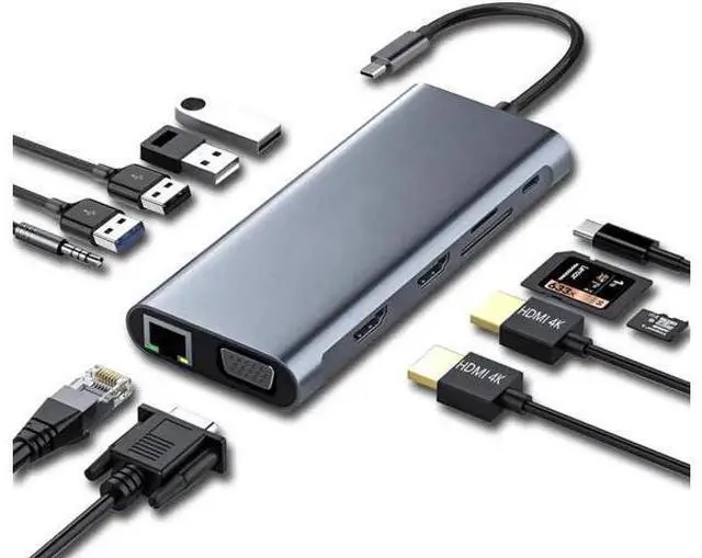 Main image of 12-in-1 USB 3.1 Type-C Docking Station, Triple Display Multiport Hub Dual 4K HDMI + VGA, 100W PD Charging, Gigabit Ethernet, USB3.0, SD TF Card Reader for MacBook & Windows USB-C Laptops
