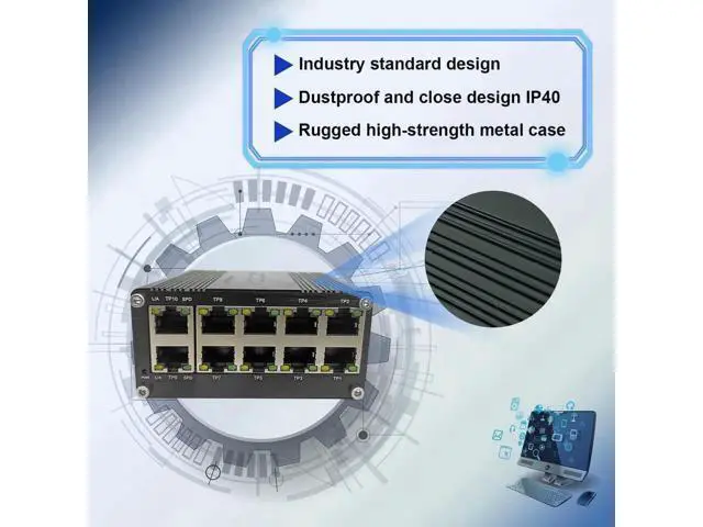Alt view image 7 of 7 - 10 Port Industrial Hardened Gigabit Ethernet Switch, Compact 10/100/1000BASE-T RJ45 Network Switch with Auto-MDI/MDI-X, 12-48VDC Wide Voltage Power Input, Supports Half/Full Duplex