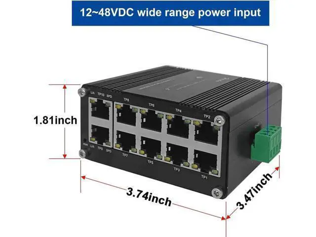 Alt view image 6 of 7 - 10 Port Industrial Hardened Gigabit Ethernet Switch, Compact 10/100/1000BASE-T RJ45 Network Switch with Auto-MDI/MDI-X, 12-48VDC Wide Voltage Power Input, Supports Half/Full Duplex