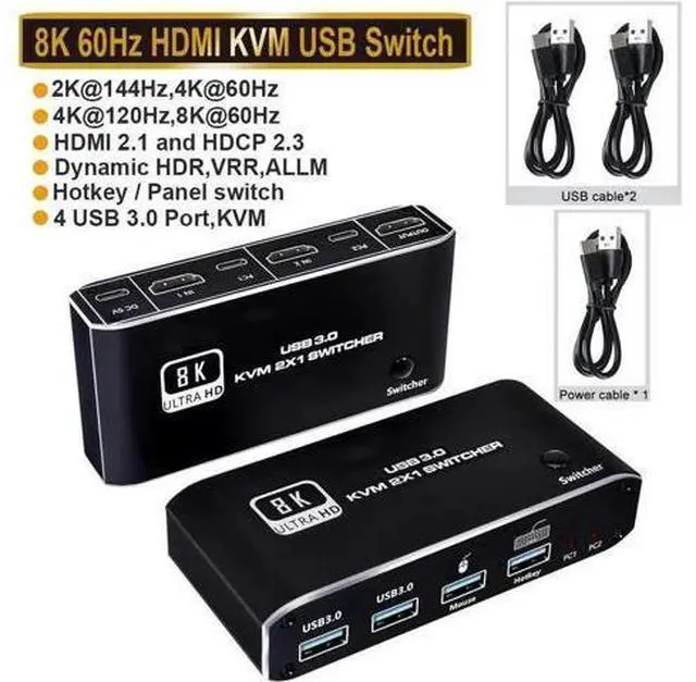 Main image of 2 In 1 Out 2-Port HDMI USB 3.0 KVM Switch, Support 8K@60Hz, YUV 4:4:4, HDCP 2.3, HDR10 & Hotkey Control, Dark Housing, 2 PCs Share One Monitor, Keyboard, Mouse, Printer & Scanner