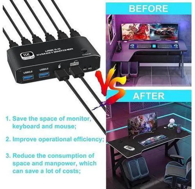 Alt view image 5 of 7 - 2 In 1 Out 2-Port HDMI USB 3.0 KVM Switch, Support 8K@60Hz, YUV 4:4:4, HDCP 2.3, HDR10 & Hotkey Control, Dark Housing, 2 PCs Share One Monitor, Keyboard, Mouse, Printer & Scanner