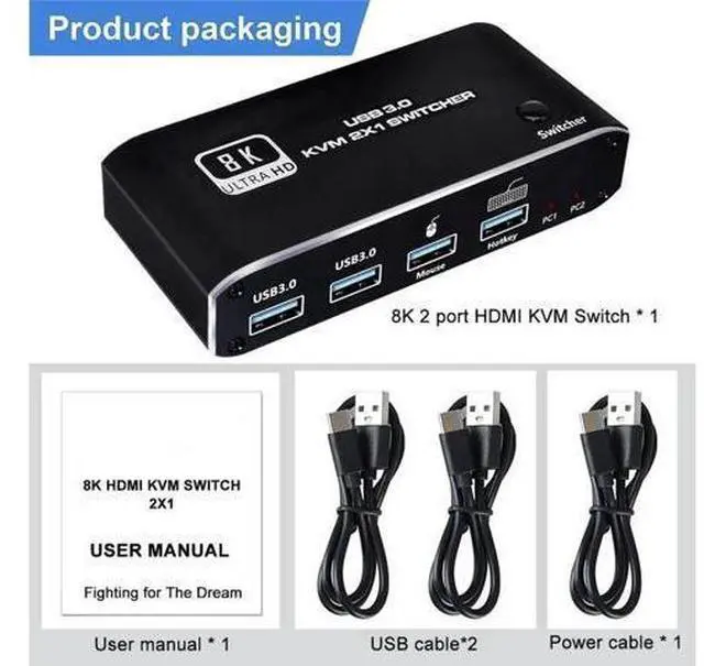 Alt view image 7 of 7 - 2 In 1 Out 2-Port HDMI USB 3.0 KVM Switch, Support 8K@60Hz, YUV 4:4:4, HDCP 2.3, HDR10 & Hotkey Control, Dark Housing, 2 PCs Share One Monitor, Keyboard, Mouse, Printer & Scanner
