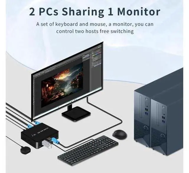 Alt view image 2 of 7 - 2 Port HDMI KVM Switch 4K@60Hz, 2 PCs Share 1 Monitor & 4 USB 2.0 Devices, USB Switcher for Keyboard Mouse Printer, Support Front Button & External Desktop Controller