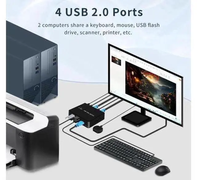 Alt view image 3 of 7 - 2 Port HDMI KVM Switch 4K@60Hz, 2 PCs Share 1 Monitor & 4 USB 2.0 Devices, USB Switcher for Keyboard Mouse Printer, Support Front Button & External Desktop Controller