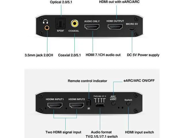 Alt view image 7 of 7 - NEWCARE 2 in 1 Out HDMI 2.0b Switch with eARC Audio Extractor, 4K@60Hz HDMI Switcher Converter with IR Remote, Supports 7.1CH Dolby Atmos, eARC/ARC, Optical Toslink SPDIF, Coaxial & 3.5mm Audio Output