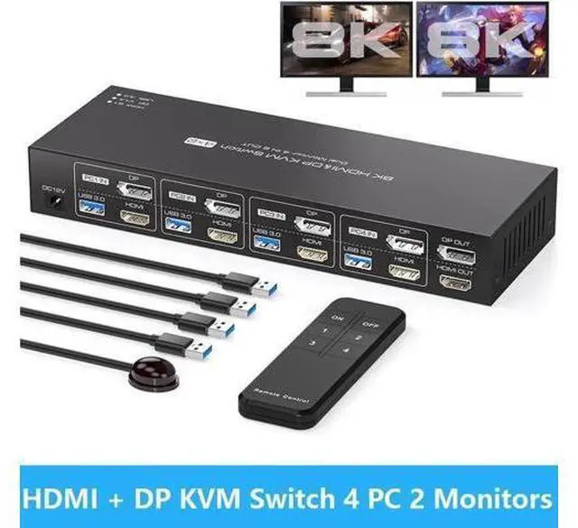 Main image of 4-Port HDMI2.1+DP1.4 Dual Monitor USB3.0 KVM Switch, 8K@60Hz, 4 USB3.0 Ports with IR Remote Control