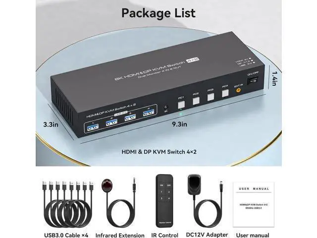 Alt view image 3 of 7 - 4-Port HDMI2.1+DP1.4 Dual Monitor USB3.0 KVM Switch, 8K@60Hz, 4 USB3.0 Ports with IR Remote Control