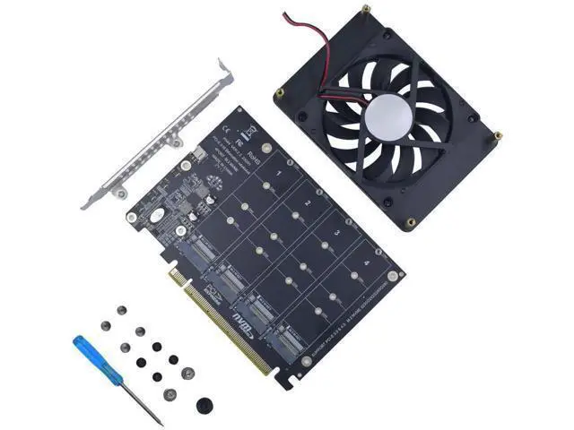 Alt view image 3 of 7 - 4 Port PCIe 4.0 x16 M.2 NVMe Adapter Card, M Key M.2 SSD Expansion Card Supports 2230/2242/2260/2280 NVMe Drives with Silent DC Brushless Cooling Fan