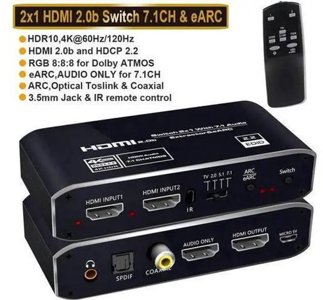 Main image of 4K@60Hz HDMI 2.0b Switch with Audio Extractor & IR Remote, HDMI Signal Splitter Supports HDMI 7.1CH, Optical Toslink SPDIF & 3.5mm Stereo Audio Output, Compatible with PS5, Xbox, Fire Stick, HDTV, Sou