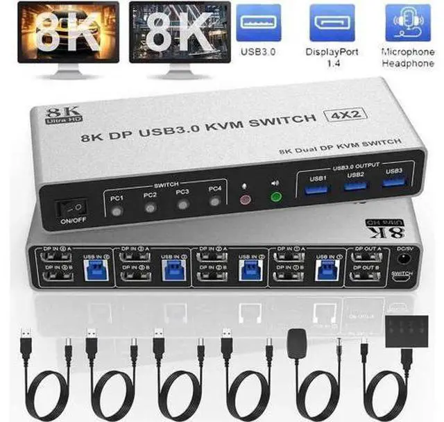 Main image of 4-Port DP1.4 Dual Monitor USB 3.0 KVM Switch, 8K@60Hz & 4K@144Hz, with Audio Out & 3 USB3.0 Ports for 4 PCs 2 Displays