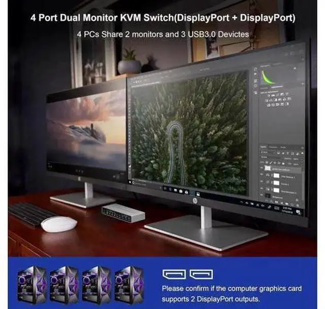 Alt view image 5 of 7 - 4-Port DP1.4 Dual Monitor USB 3.0 KVM Switch, 8K@60Hz & 4K@144Hz, with Audio Out & 3 USB3.0 Ports for 4 PCs 2 Displays
