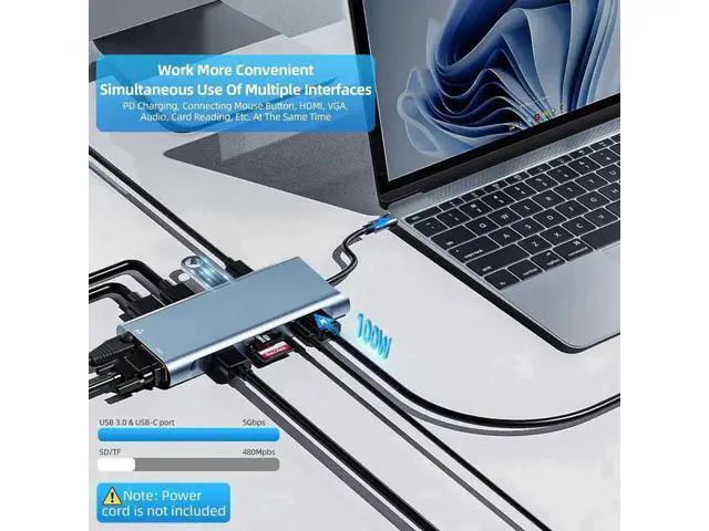 Alt view image 3 of 7 - 11-in-1 USB-C Multiport Docking Station, Dual Display Adapter with HDMI VGA, Gigabit Ethernet, 100W PD Charging, USB 3.0, SD TF Card Reader, Audio Jack for MacBook & All Type-C Laptops