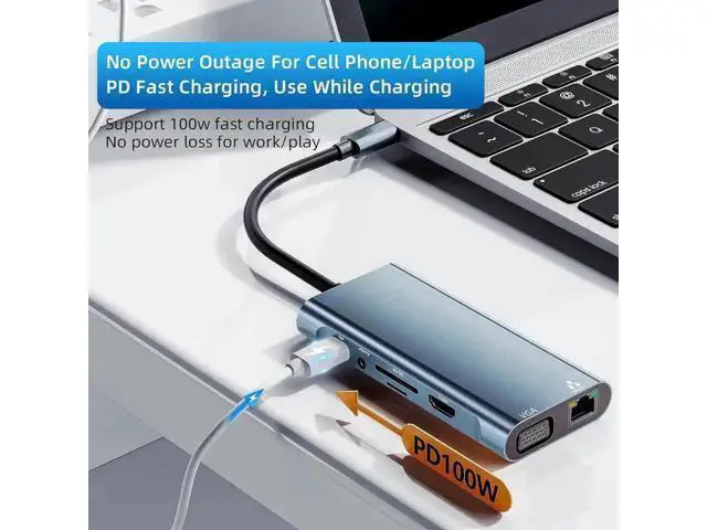 Alt view image 4 of 7 - 11-in-1 USB-C Multiport Docking Station, Dual Display Adapter with HDMI VGA, Gigabit Ethernet, 100W PD Charging, USB 3.0, SD TF Card Reader, Audio Jack for MacBook & All Type-C Laptops