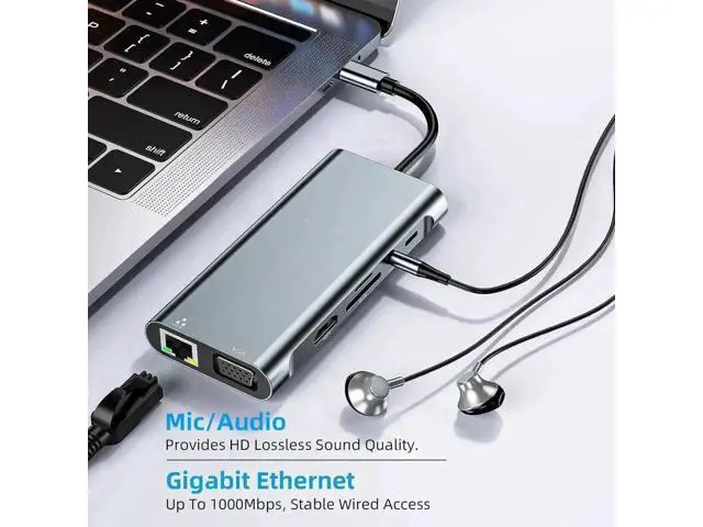 Alt view image 7 of 7 - 11-in-1 USB-C Multiport Docking Station, Dual Display Adapter with HDMI VGA, Gigabit Ethernet, 100W PD Charging, USB 3.0, SD TF Card Reader, Audio Jack for MacBook & All Type-C Laptops