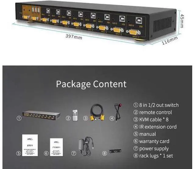 Alt view image 5 of 7 - 8 Port 8x2 VGA KVM Switch with Remote Control, 8 In 2 Out VGA Switcher Supports Audio & USB2.0, Share Keyboard Mouse for 8 Computers