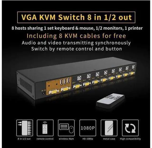 Alt view image 7 of 7 - 8 Port 8x2 VGA KVM Switch with Remote Control, 8 In 2 Out VGA Switcher Supports Audio & USB2.0, Share Keyboard Mouse for 8 Computers