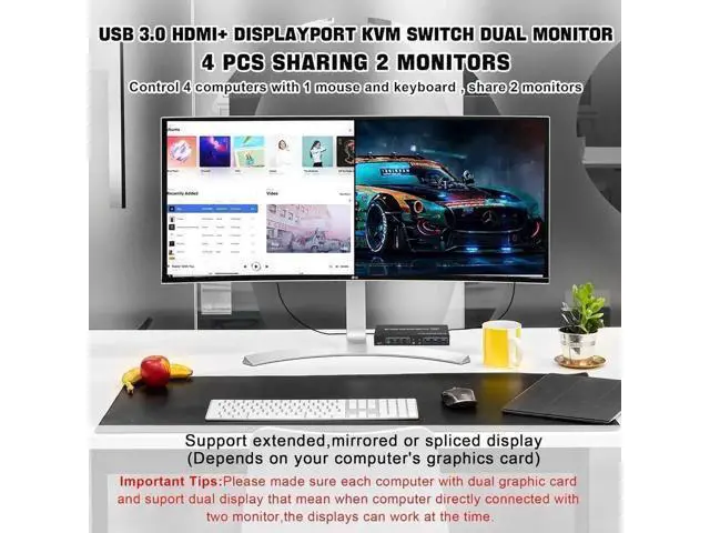 Alt view image 2 of 7 - 4-Port Dual Monitor KVM Switch (HDMI+DP), 4K@60Hz, USB3.0 with Audio & Mic Jack, 4 PCs Share 2 Monitors