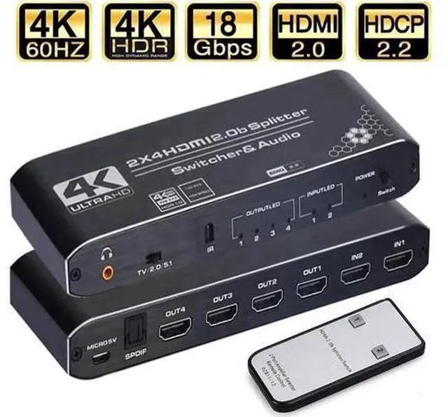 Main image of 2×4 HDMI 2.0b Matrix Switch with Audio Extractor & IR Remote, 4K@60Hz HDR RGB4:4:4 Video Splitter Hub, SPDIF Optical + 3.5mm Analog Audio Output HDCP2.2