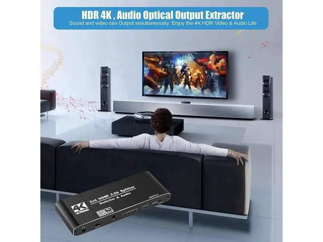 Alt view image 6 of 7 - 2×4 HDMI 2.0b Matrix Switch with Audio Extractor & IR Remote, 4K@60Hz HDR RGB4:4:4 Video Splitter Hub, SPDIF Optical + 3.5mm Analog Audio Output HDCP2.2