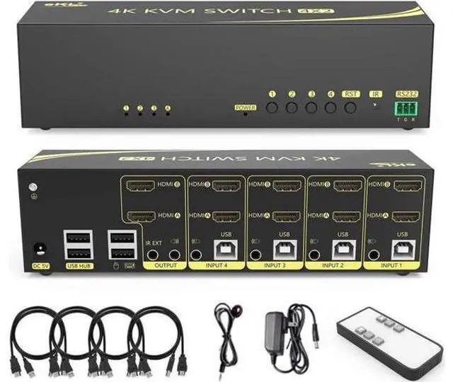 Main image of 4-Port Dual HDMI KVM Switch 4 In 2 Out, 4K@60Hz 4:4:4 Extended Display, Audio & USB2.0 Hub for PC Keyboard Mouse Monitor Sharing