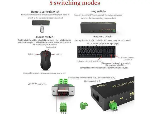 Alt view image 4 of 7 - 4-Port Dual HDMI KVM Switch 4 In 2 Out, 4K@60Hz 4:4:4 Extended Display, Audio & USB2.0 Hub for PC Keyboard Mouse Monitor Sharing