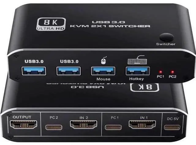Main image of 2-Port 2 In 1 Out HDMI 2.1 8K KVM Switch, Support 8K@60Hz, 4K@120Hz, 4 USB 3.0 Ports & Keyboard Hotkey Control, 2 PCs Share One Monitor, Keyboard & Mouse