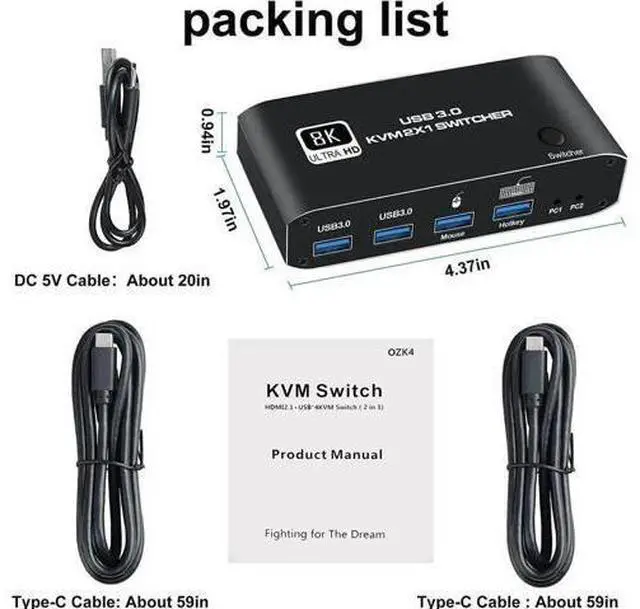 Alt view image 3 of 7 - 2-Port 2 In 1 Out HDMI 2.1 8K KVM Switch, Support 8K@60Hz, 4K@120Hz, 4 USB 3.0 Ports & Keyboard Hotkey Control, 2 PCs Share One Monitor, Keyboard & Mouse