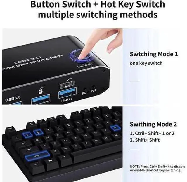 Alt view image 4 of 7 - 2-Port 2 In 1 Out HDMI 2.1 8K KVM Switch, Support 8K@60Hz, 4K@120Hz, 4 USB 3.0 Ports & Keyboard Hotkey Control, 2 PCs Share One Monitor, Keyboard & Mouse