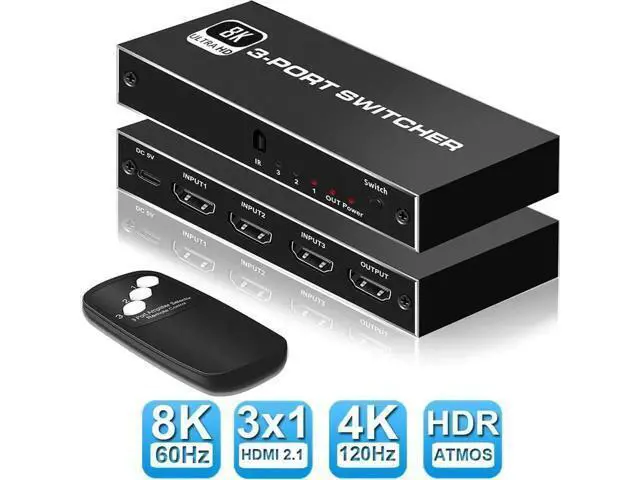 Main image of 3 in 1 Out 8K HDMI 2.1 Switch with IR Remote, 48Gbps High Speed HDMI Switcher Selector Supports 8K@60Hz, 4K@120Hz, 2K@144Hz, HDR, CEC, Dolby Vision, HDCP 2.3 for PS5, Xbox Series X/S, PC, UHD TV, Moni