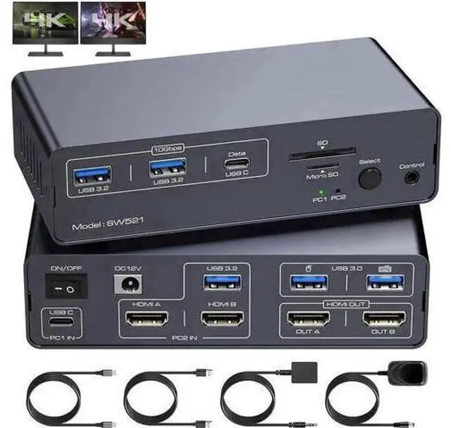 Main image of 13-in-1 USB-C Docking Station KVM Switch, Dual HDMI 4K@60Hz with EDID Emulation, for 1 Laptop + 1 Desktop PC Share 2 Monitors