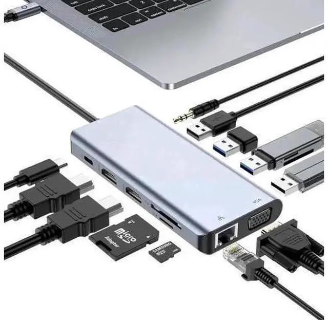 Main image of 12 in 1 USB C Docking Station Triple Display, Dual HDMI + VGA Multiport Adapter, Gigabit Ethernet, 100W PD, 4 USB Ports, SD TF Card Reader & Audio Jack for Type-C Laptops