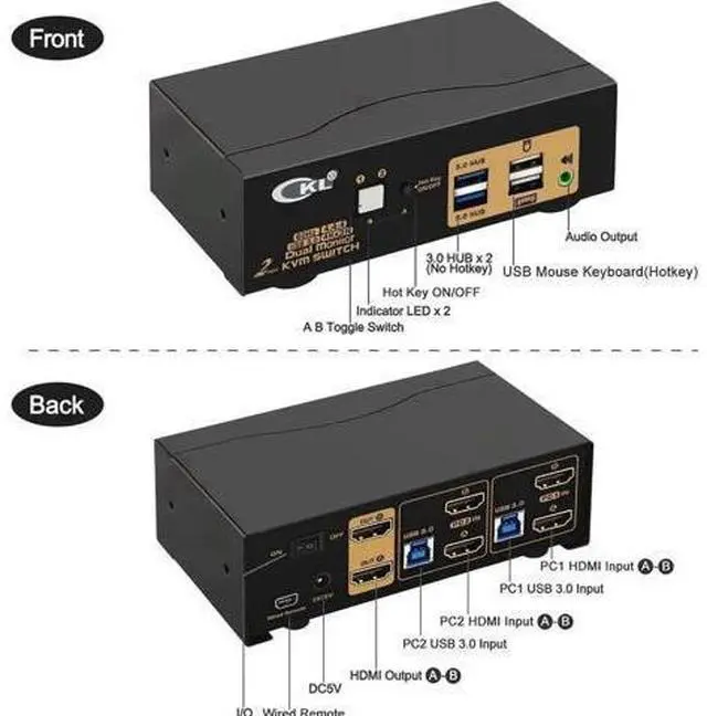 Alt view image 5 of 7 - 2 Port Dual Monitor HDMI KVM Switch USB3.0, 4K@60Hz HDMI KVM Switcher with Audio for 2 Computers Share Keyboard Mouse Monitor