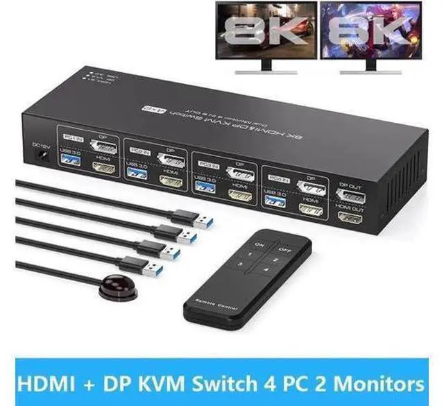 Main image of 4-Port Dual Monitor HDMI2.1+DP1.4 KVM Switch, 8K@60Hz, 4 USB3.0 Ports with IR Remote Control
