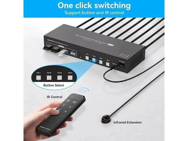 Alt view image 7 of 7 - 4-Port Dual Monitor HDMI2.1+DP1.4 KVM Switch, 8K@60Hz, 4 USB3.0 Ports with IR Remote Control