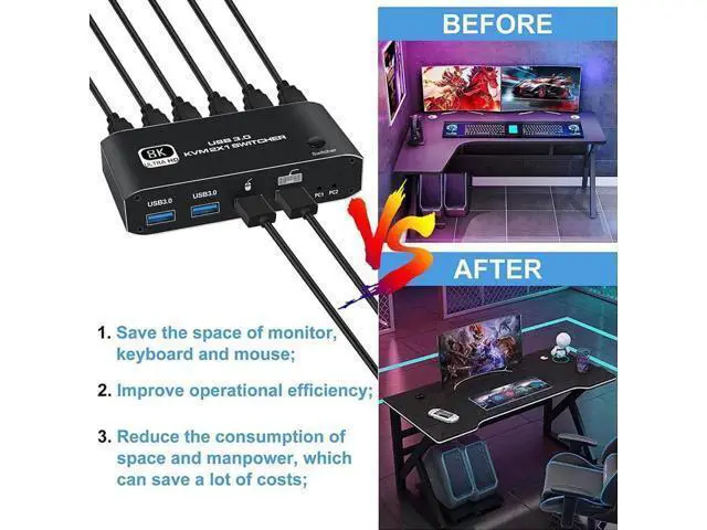 Alt view image 2 of 7 - 2-Port HDMI 2.1 8K KVM Switch 2 In 1 Out, 2 PCs Share 1 Monitor, Keyboard & Mouse with 2 USB 3.0 Ports, Supports 8K@60Hz, Dynamic HDR, VRR, RGB 8:8:8, One-Button & Hotkey Switching