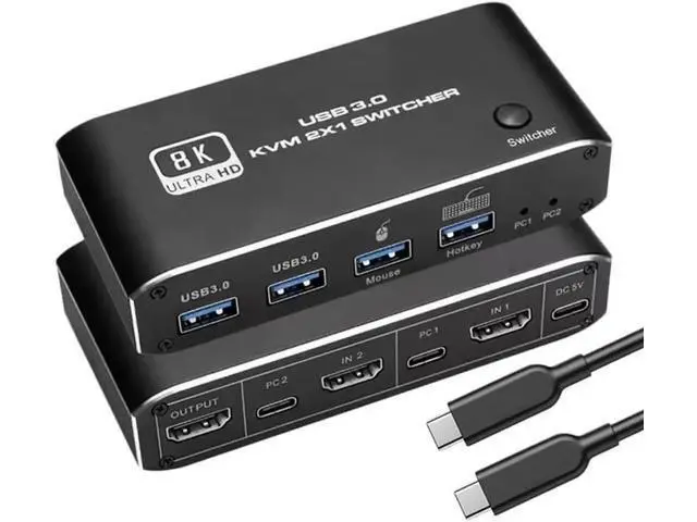 Main image of 2-Port HDMI 2.1 8K KVM Switch 2 In 1 Out, 2 PCs Share 1 Monitor, Keyboard & Mouse with 2 USB 3.0 Ports, Supports 8K@60Hz, Dynamic HDR, VRR, RGB 8:8:8, One-Button & Hotkey Switching