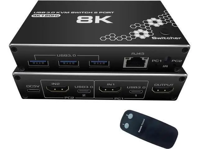 Main image of 2-Port HDMI KVM Switch with USB 3.0 & RJ45 Ethernet, Support 8K@30Hz, 4K@120Hz, 1080P@240Hz, 2 PCs Share 3 USB Ports, Keyboard, Mouse & Ethernet, Equipped with Remote Controller