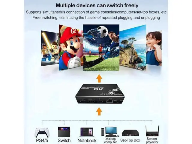 Alt view image 5 of 7 - 2-Port HDMI KVM Switch with USB 3.0 & RJ45 Ethernet, Support 8K@30Hz, 4K@120Hz, 1080P@240Hz, 2 PCs Share 3 USB Ports, Keyboard, Mouse & Ethernet, Equipped with Remote Controller