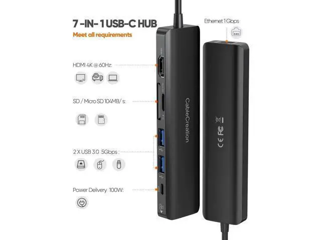 Alt view image 2 of 7 - 7 in 1 USB C Multiport Hub with Gigabit Ethernet, 4K@60Hz HDMI, 100W PD Charging, Dual USB3.0, SD TF Card Reader for MacBook M1/M2, iPad Pro, Dell XPS, HP Laptops