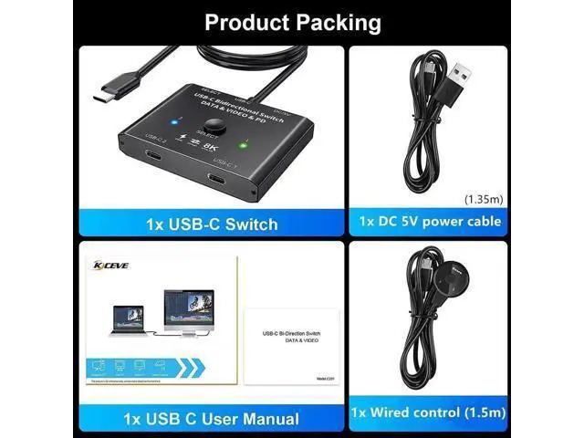 Alt view image 2 of 7 - Bi-Directional 2 In 1 Out / 1 In 2 Out USB-C KVM Switch, Support 8K@60Hz & 4K@120Hz Video, 10Gbps Data, 100W PD Charging, Compatible with Thunderbolt Devices