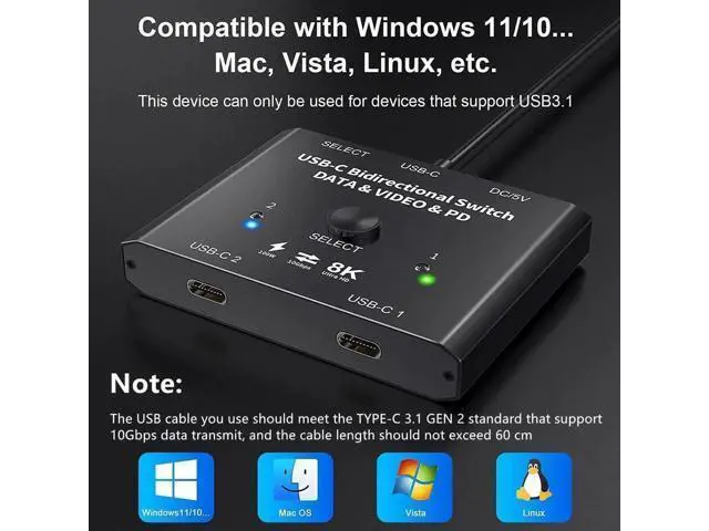 Alt view image 5 of 7 - Bi-Directional 2 In 1 Out / 1 In 2 Out USB-C KVM Switch, Support 8K@60Hz & 4K@120Hz Video, 10Gbps Data, 100W PD Charging, Compatible with Thunderbolt Devices