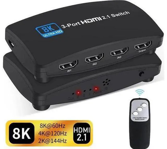 Main image of 3 in 1 Out HDMI 2.1 Switch 8K@60Hz with IR Remote, 3-Port 48Gbps HDMI Selector, Support 4K@120Hz, HDR10, Dolby Vision, HDCP 2.3, Compatible with PS4 PS5, Xbox, Roku, Apple TV, Fire Stick, Sony UHD TV