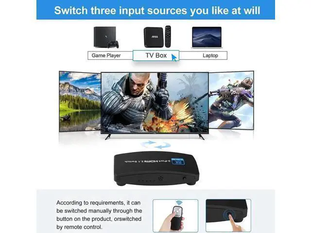 Alt view image 3 of 5 - 3 in 1 Out HDMI 2.1 Switch 8K@60Hz with IR Remote, 3-Port 48Gbps HDMI Selector, Support 4K@120Hz, HDR10, Dolby Vision, HDCP 2.3, Compatible with PS4 PS5, Xbox, Roku, Apple TV, Fire Stick, Sony UHD TV