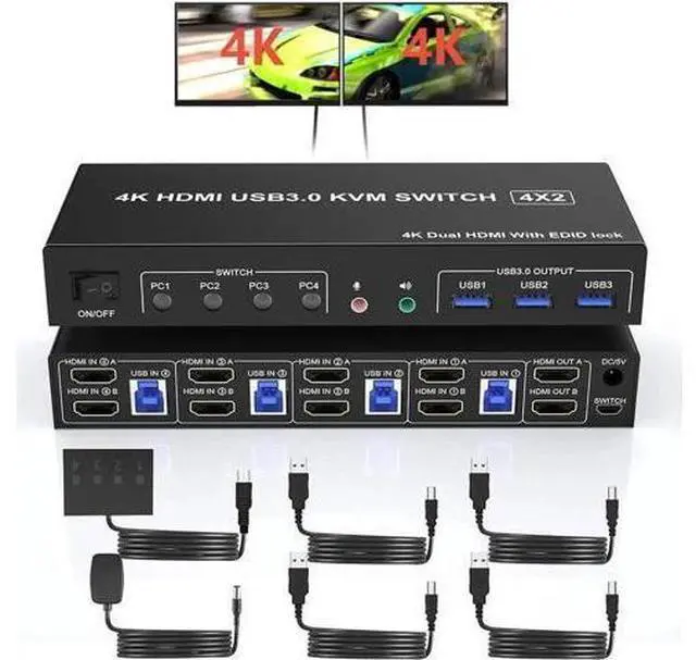 Main image of 4-Port Dual HDMI USB3.0 KVM Switch, 4K@60Hz, EDID Emulator, Audio Out & 3 USB3.0 Ports