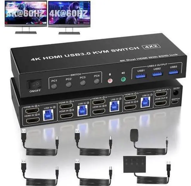 Main image of 4-Port Dual HDMI USB3.0 KVM Switch 4 In 2 Out, 4K@60Hz with EDID Emulator, Audio & Mic, 3 USB3.0 Ports
