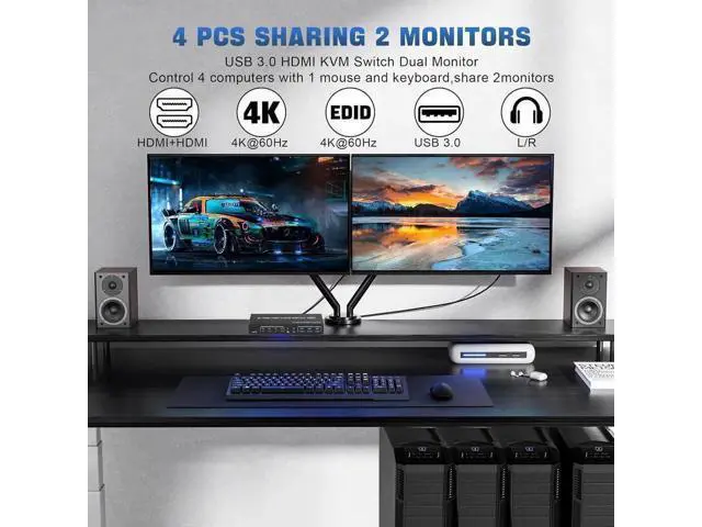Alt view image 6 of 7 - 4-Port Dual HDMI USB3.0 KVM Switch, 4K@60Hz, EDID Emulator, Audio Out & 3 USB3.0 Ports